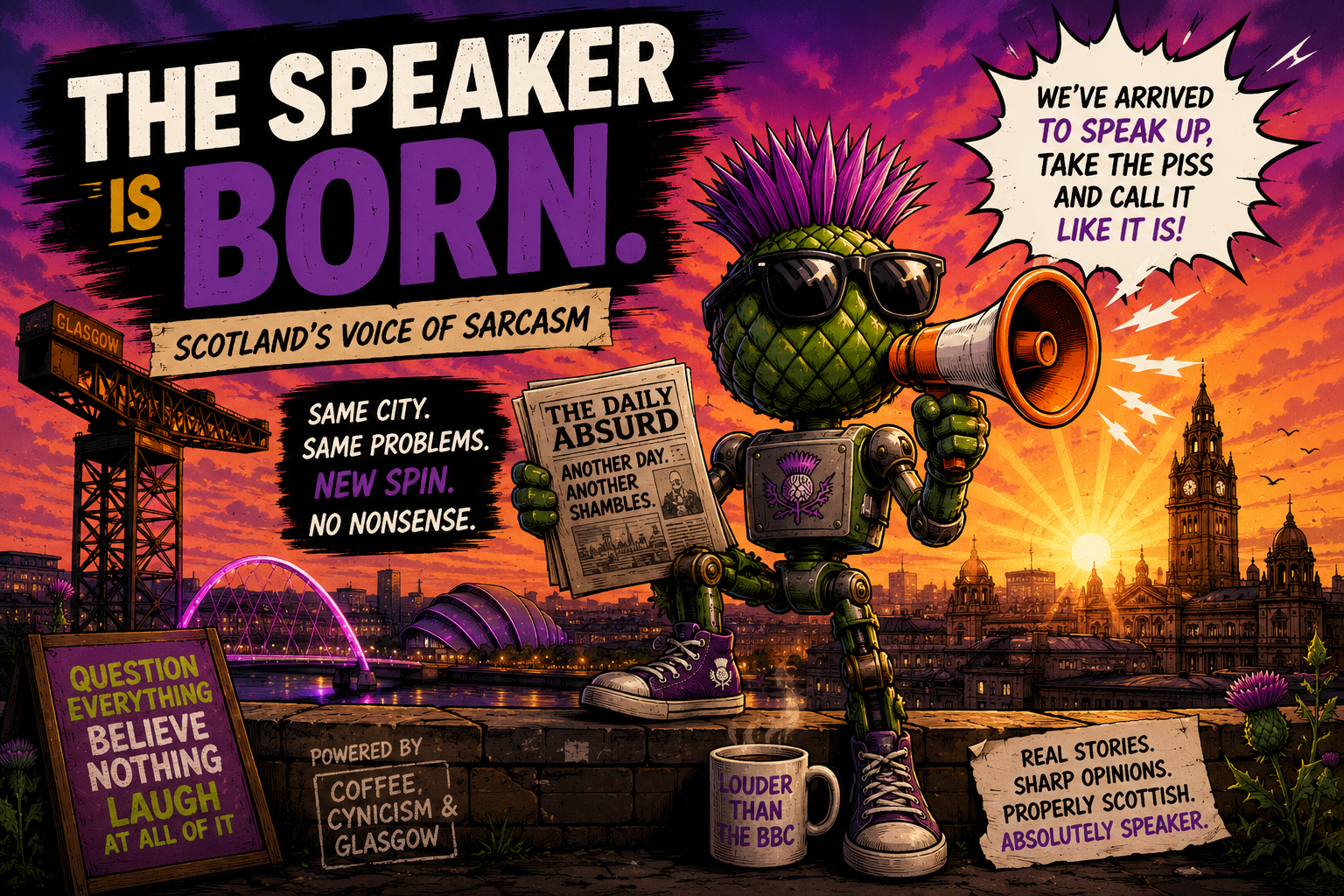 Launch poster — The Speaker is born. Scotland's voice of sarcasm: same city, same problems, new spin, no nonsense.