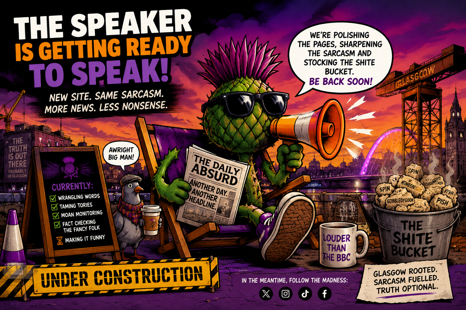 The Speaker mascot getting ready — new site, same sarcasm, more news, less nonsense.